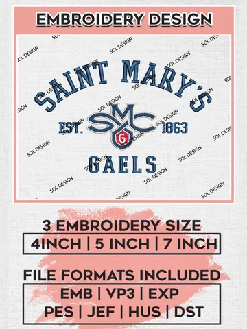 Saint Marys Gaels Est 1863 Embroidery Designs, NCAA Saint Marys Gaels Team Embroidery, NCAA Team Logo, 3 sizes, Machine embroidery Files, Digital Download $6.99