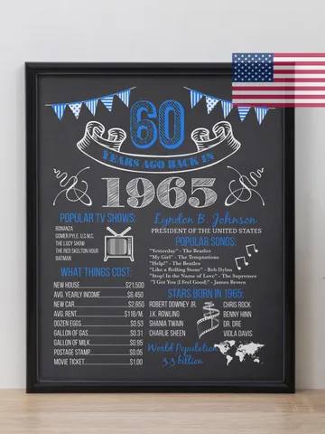 Back in 1965 Birthday Poster for Grandma and Grandpa, 60th Birthday Sign for Men and Women, 60 Chalkboard Birthday Party Supplies $7.00