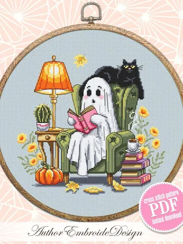 Reading ghost with black cat cross stitch pattern PDF download Cute ghost cross stitch chart, Halloween pattern digital PDF Fall leaves #H89 $4.40
