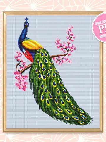 Peacock cross stitch pattern download PDF, Colorful bird hand embroidery PDF, Peacock feathers cross stitch, Spring flowers cross stitch #D3 $4.60