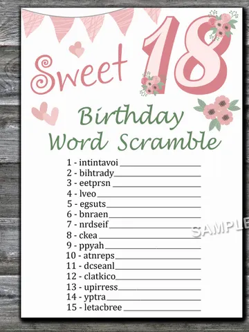 Sweet 18th Birthday Word Scramble Game,Adult Birthday party game printable-fun games for her-Instant download $1.50