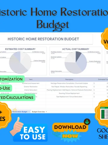 Historic Home Restoration Budget Template, Renovation Cost Tracker, Preservation Project Planner, Home Repair Expense Spreadsheet $8.26