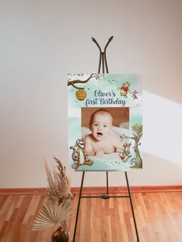 Editable Photoframe Board Hundred Acre Wood First Birthday party photoprop; Winnie the Pooh Party; Classic Pooh Party Birthday Download; wp5 $11.62