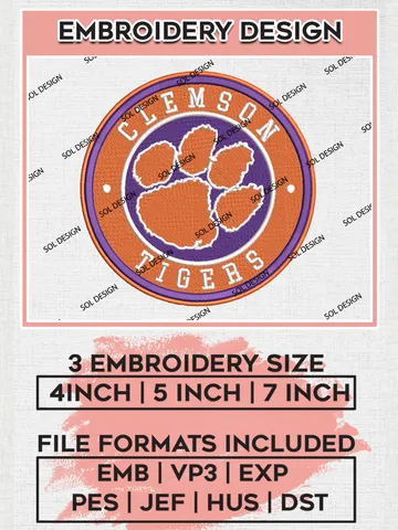 NCAA Clemson Tigers Round Logo Embroidery, NCAA Clemson Tigers Embroidery Design files, NCAA Teams, NCAA Machine embroidery designs, Digital Download