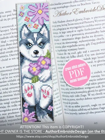Dog bookmark cross stitch pattern PDF download Husky dog cross stitch chart, Pet bookmark pattern digital PDF, Dog lover bookmark #B466 $4.40