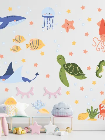 Ocean Animals Wall Decal Underwater Fish set Stickers Bathroom Decor Peel and stick Gift ek22 $27.99