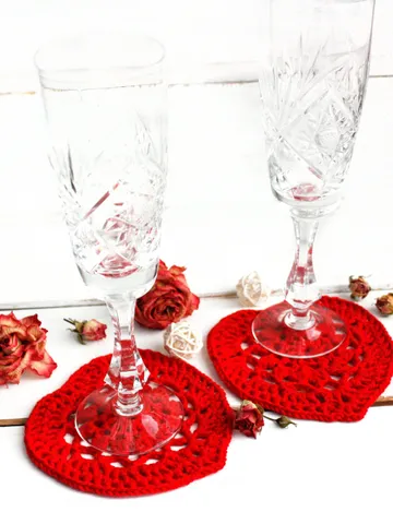 Red heart coasters Valentine drink mats set of two Pair of red farmhouse 4 inch coasters cottagecore Mini heart doilies Tea lover gift