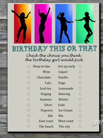 Dance party Birthday This or that game,Adult Birthday party game-fun games for her-Instant download $1.75