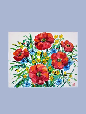 Oil Painting With Red Flowers Original Art Impasto $60.00