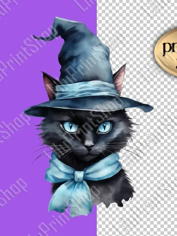Black Cat with hat and blue bow clipart, spooky season png Halloween digital instant download $2.71