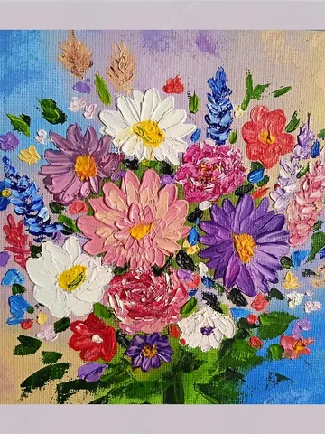 Oil Painting Bright Flowers Chamomile Roses Artistic Miniature Impasto 6 x 6 inc $42.40