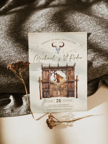 First Rodeo Wild West Birthday Invitation template; Wild West My First Rodeo Bday Western Invite ; Our Little Cowboy is One; Cowboy fr12 $12.78