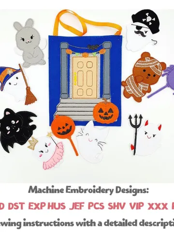 Halloween Haunted House Handbag & Finger Puppet Theater ITH Embroidery Design Set, Ghost Puppets, Felt Treat Bag Pattern