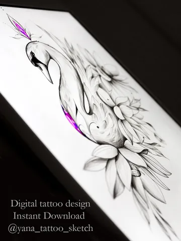Swan Tattoo Design With Flowers Swan Tattoo Idea Stencil Sketch, Instant download PDF, JPG