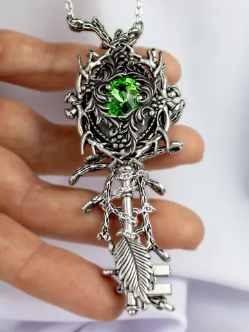 Handmade Vintage Fantasy Key Pendant with Green Swarovski Crystal – Gothic Nature-Inspired Jewelry