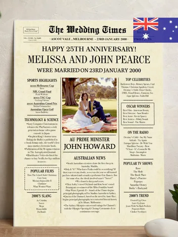 25th anniversary gift for husband, 25th anniversary gift for parents, 2000 anniversary for couples, silver anniversary newspaper for Aussie $15.00