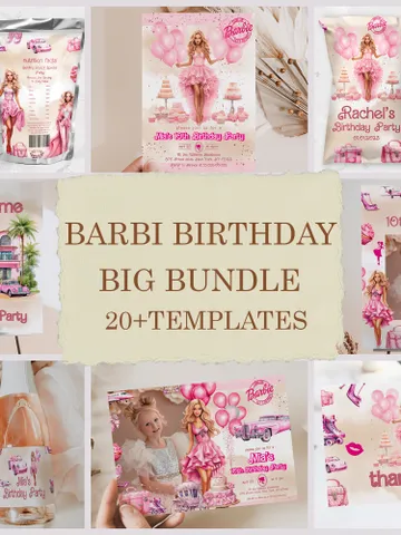 Doll party Birthday Large Bundle Invitation; banner labels cards editable templates big bundle; instant download; hot pink girl party bar12 $46.00