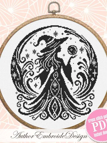 Halloween witch cross stitch pattern PDF download Mystical cross stitch chart, Monochrome magic pattern digital PDF Witchy crystal ball #H79 $4.60
