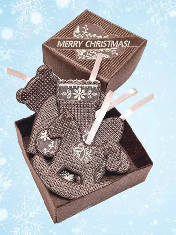 New Year's set of designs of six Christmas tree decorations and a gift box. $10.39