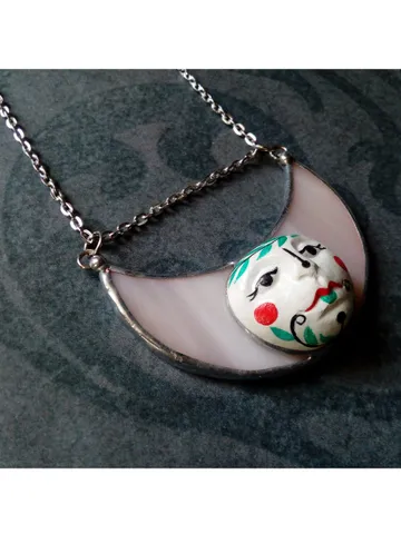 Stained glass moon, Moon Goddess, Moon phase necklace, Stainglass crescent, Full moon pendant, Moon face necklace $59.00