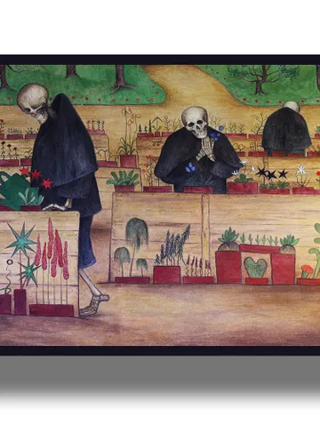 Garden of Death. Skeletons in black robes grow their flowers. $21.00