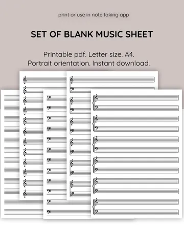 Set of blank music scores for musicians, teachers, and composers. Printable blank music stave. Blank piano sheet music. $3.00
