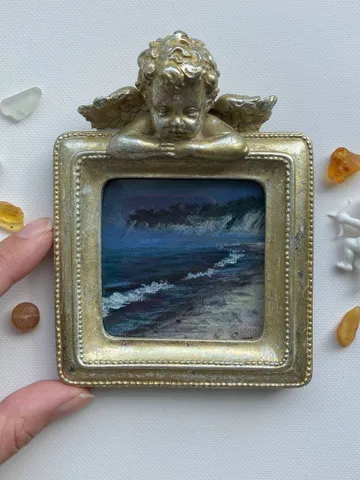 Small Landscape Painting Framed Original Foggy Cliff Painting Antique Misty Art Coastal Gold Frame Tiny Paintings 4 x 4 Art Victorian artwork $89.00