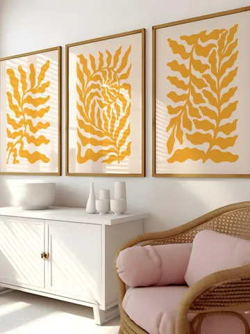 Mustard Yellow Abstract Leaf Art Printable Set of 3 Minimalist Botanical Wall Decor Modern Boho High Quality Digital Download trendy Print