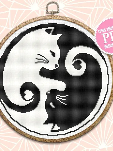 Yin Yang cat cross stitch pattern download PDF, Mandala cat embroidery PDF, Yin and yang cross stitch chart, Quick cross stitch sampler #M89 $4.50