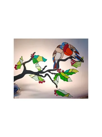 Lovebirds – Bullfinches on a Branch, Lovebirds Stained Glass Panel, Stained Glass Bullfinches on Branch, Romantic Bullfinches in Winter Art, Handcrafted Stained Glass Lovebirds, Winter Birds Stained Glass Decoration, Bullfinches with Berries Stained Glass $298.00