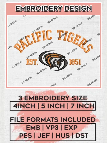Pacific Tigers Est 1851 Embroidery Designs, NCAA Pacific Tigers Team Embroidery, NCAA Team Logo, 3 sizes, Machine embroidery Files, Digital Download $6.99
