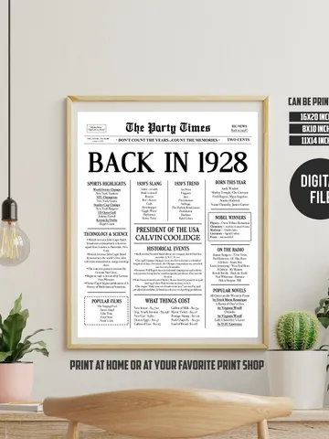 1928 97th Birthday | Back in 1928 | Last Minute Gift | Fun Facts 1928 | 97th Birthday PRINTABLE Poster Sign | Instant Download $7.00