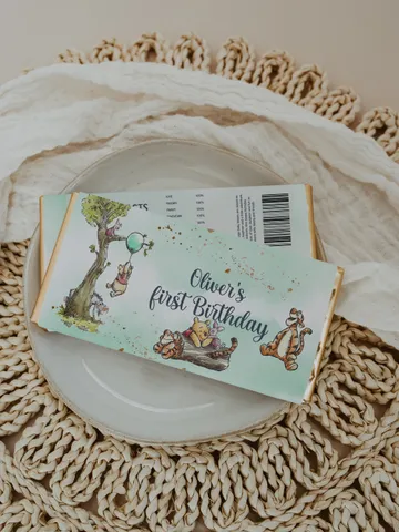 Editable Chocolate Wrapper Hundred Acre Wood First Birthday party chocolate wrap; Winnie the Pooh Party; Classic Pooh Birthday ; wp5 $10.45