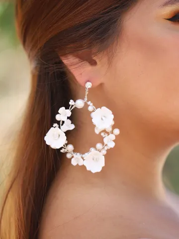 Delicate Porcelain Flowers Wedding Earrings For Bride, Crystal Silver Bridal earrings, Hoop Earrings, Chandelier Statement Earrings, Jewelry $139.00
