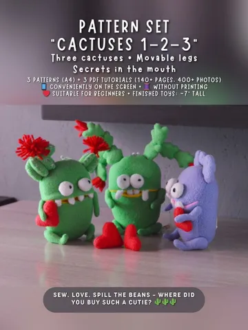PDF Plush Pattern Bundle – 3 Cactus Toys with Mouth Pocket $28.00