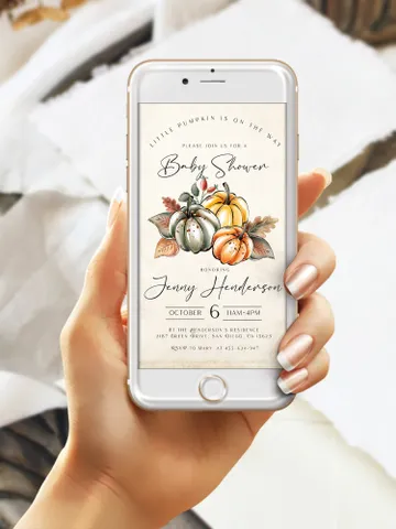 Little Pumpkin is on the way; Editable Autumn Pumpkin Baby Shower Invitation Template Canva; Fall 2022 Autumn Smartphone Digital Invitation $10.98