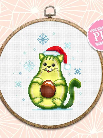 Kawaii Christmas avocado cross stitch pattern download PDF, Funny avocato, Holiday embroidery beginner, Cute kawaii cat cross stitch #N71 $3.90