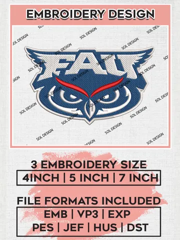 Florida Atlantic Owls Logo Machine Embroidery Design, NCAA FAU Owls Embroidery Design Design files, NCAA Embroidery Designs, NCAA Machine Embroidery Designs, Digital Download $6.99