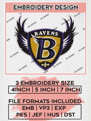 NFL Baltimore Ravens Embroidery Design, NFL Ravens, NFL Embroidery Designs, NFL Baltimore Ravens Machine Embroidery Design, Digital Download $6.99