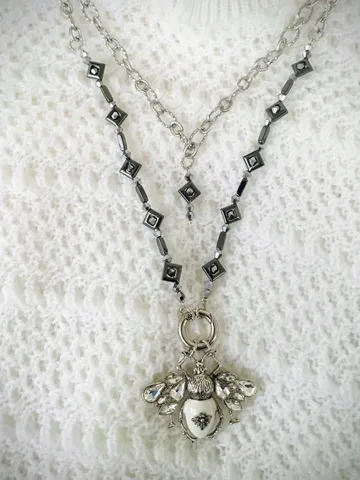 Handmade luxury bee necklace, silver bee pendant, statement bee jewelry, bee gift for her, long bee necklace $65.00
