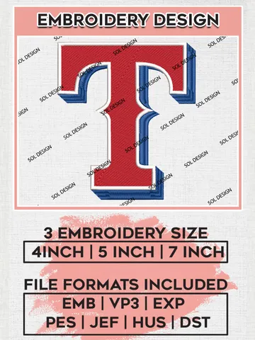 Texas Rangers MLB Logo Embroidery Design Files, MLB Texas Rangers Team Embroidery, MLB Teams, 3 sizes, MLB Machine embroidery designs, Digital Download $6.99