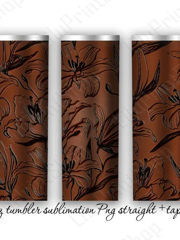 Tooled leather tumbler sublimation design png for 20oz skinny straight and tapered tumbler. Brown Floral tumbler wrap PNG Instant download $2.98
