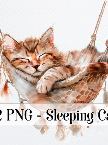 12 Sleeping Cat PNG Bundle, Cat in Hammock Printable Watercolor clipart for sublimation, High Quality PNGs, Paper craft, junk journals $2.64