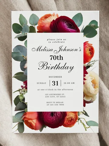 70th Birthday Invitation Elegant Floral Birthday Evite, Burgundy Peach Ivory Ranunculus Eucalyptus 75th Printable Invite canva template $7.00