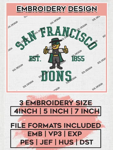 San Francisco Dons Est 1855 Embroidery Designs, NCAA San Francisco Dons Team Embroidery, NCAA Team Logo, 3 sizes, Machine embroidery Files, Digital Download $6.99