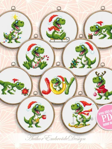 Funny dinosaur christmas cross stitch pattern PDF download, Set of 10 small dinosaur cross stitch chart, Cute dino pattern digital PDF #N120 $22.90