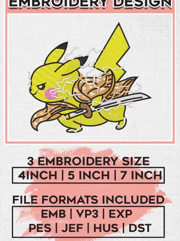 Pikachu Zenitsu Embroidery Designs, Pikachu Logo Embroidery Files, Demon Slayer x Pokemon Machine Embroidery Pattern EMB_ANIME_245 $6.99