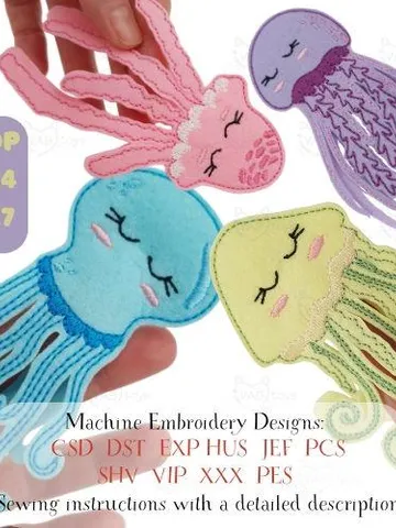 Jellyfish Finger Puppets ITH Embroidery Design Set (4 pcs), Cute Ocean Animals Felt Puppet Pattern, Sea Life Toy Digital File