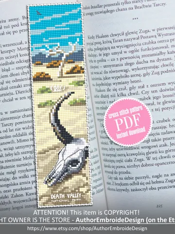 Death Valley National park bookmark cross stitch pattern PDF download Nature cross stitch chart, Desert landscape, Cow skull bookmark #B192 $4.40