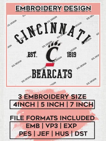 Cincinnati Bearcats Est 1819 Logo Embroidery Designs, NCAA Cincinnati Bearcats Team Embroidery, NCAA Team Logo, 3 sizes, Machine embroidery Files, Digital Download $6.99